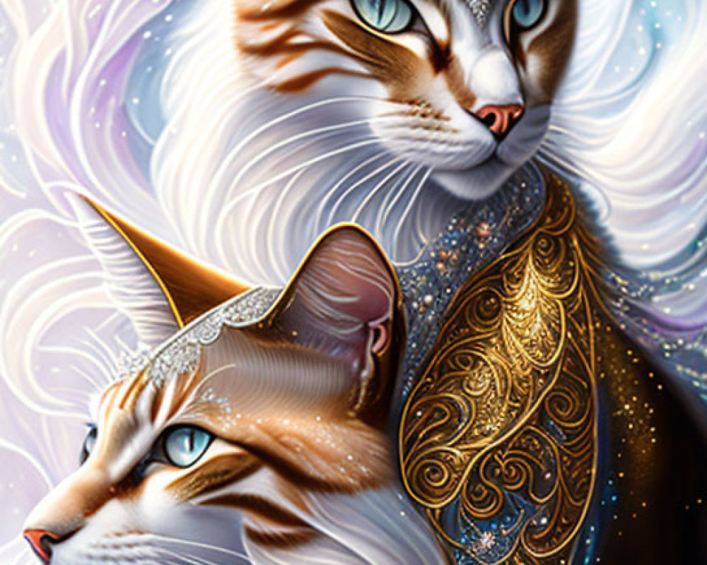 Stylized cats with intricate fur patterns on cosmic backdrop