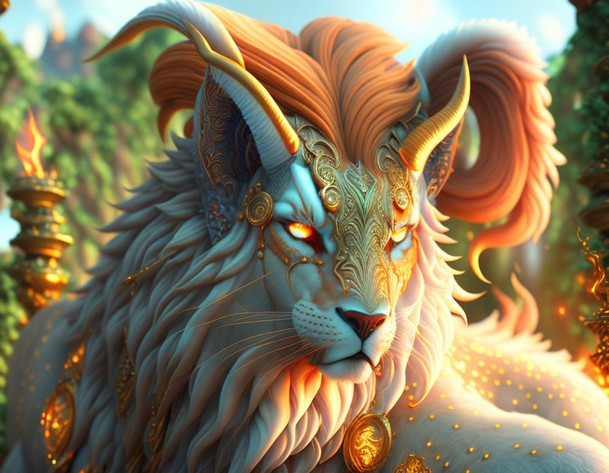 Majestic fantasy lion with golden horns and blue facial markings in enchanted forest