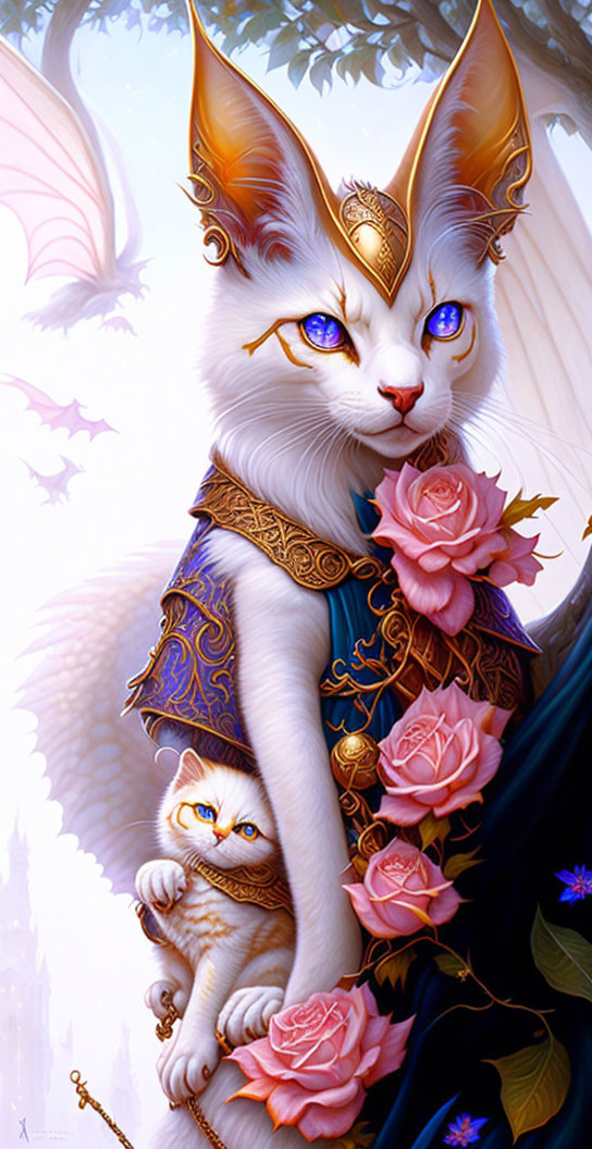 Regal cats with gold jewelry and fantasy dragon wings in a rose-filled scene