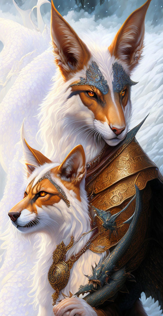 Anthropomorphic foxes in ornate armor with dragon on shoulder in icy setting