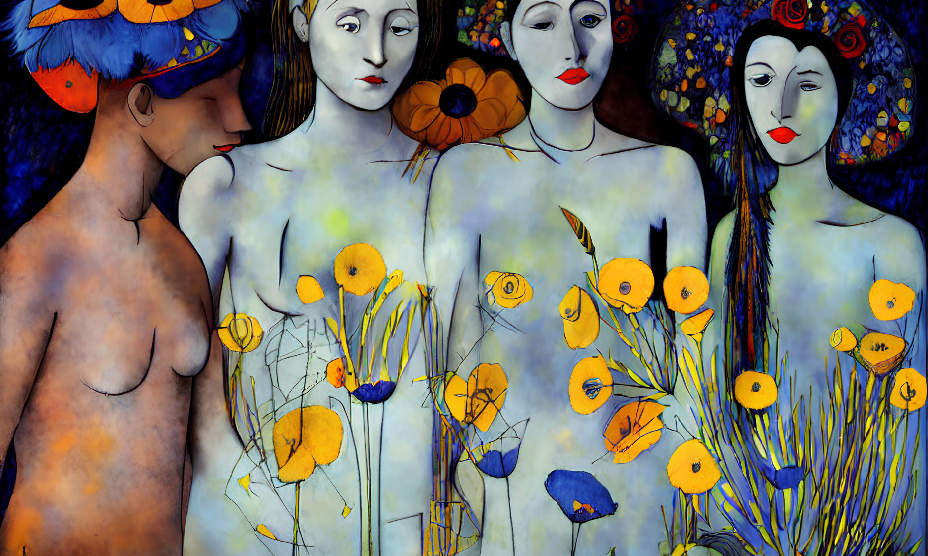 Vibrant painting of stylized figures against blue background with flowers