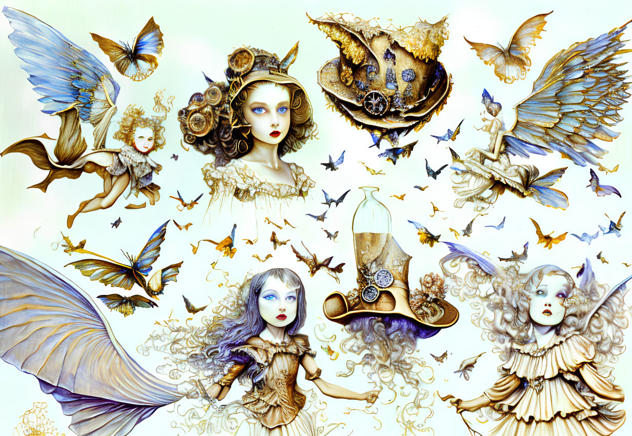 Fantasy Artwork: Angelic Figures, Women in Ornate Attire, Mechanical Wings, Ste
