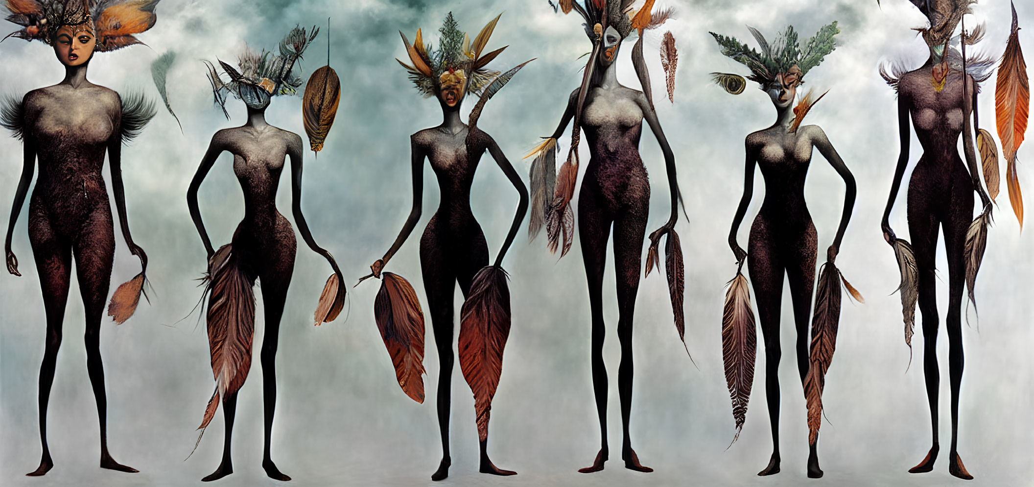 Seven bird-like figures in feathered attire on neutral backdrop