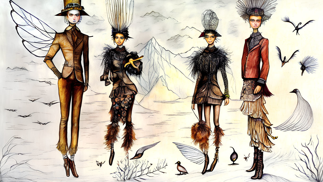 Whimsical bird-inspired fashion illustrations on mountainous backdrop