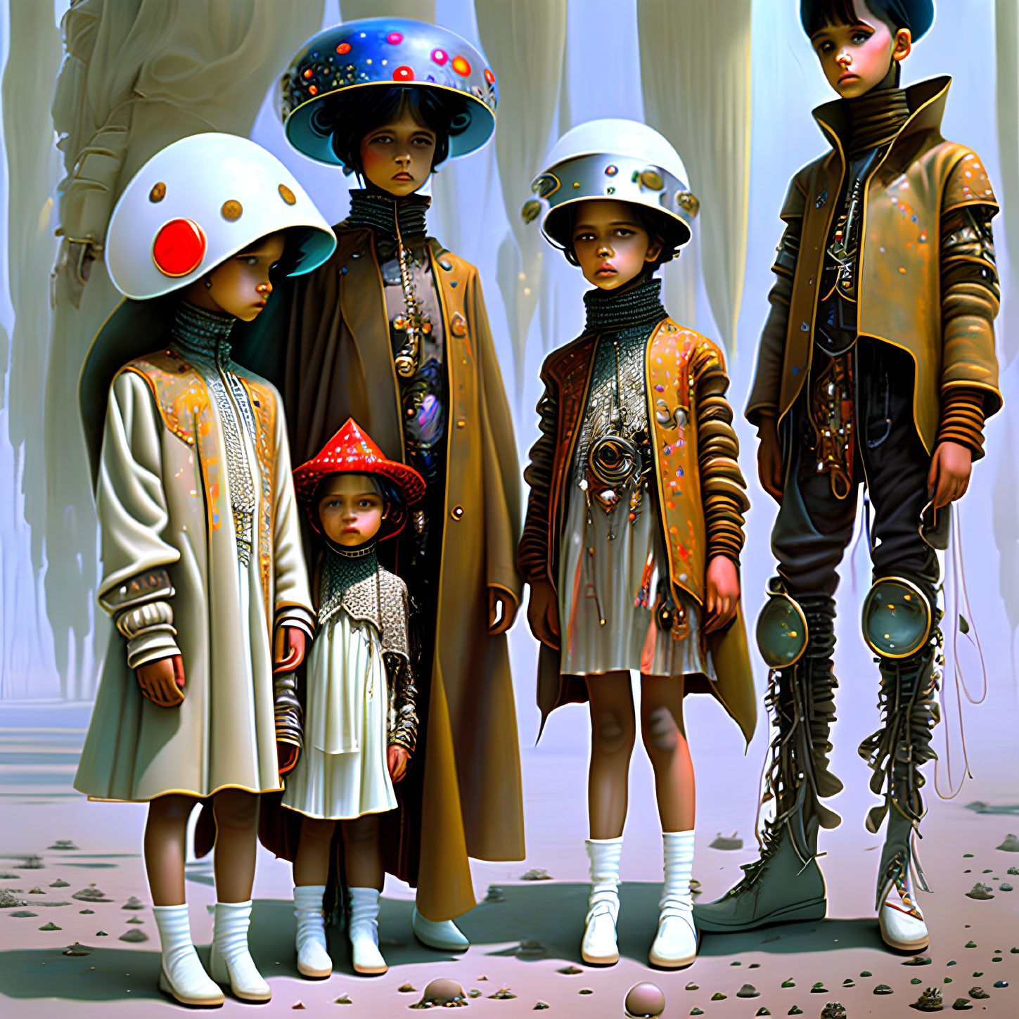 Stylized children in futuristic outfits with oversized helmets in surreal setting