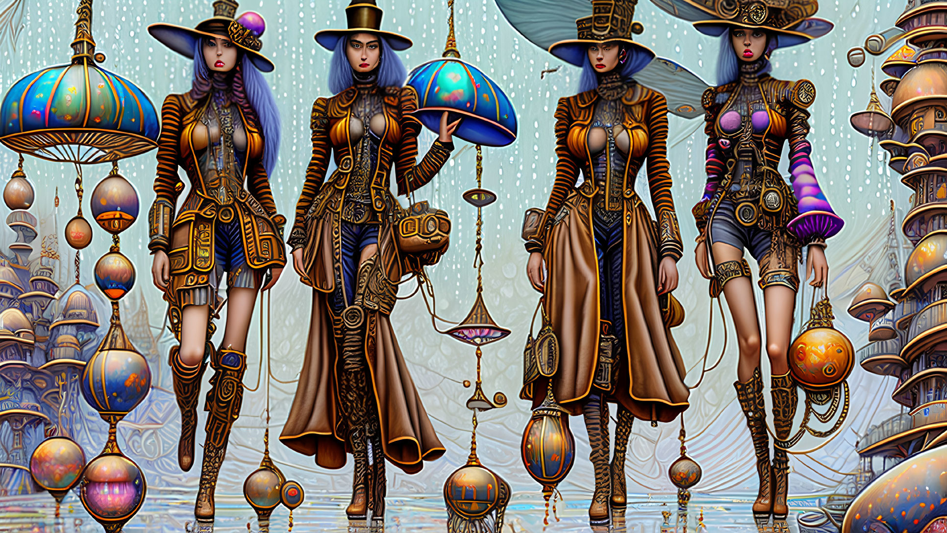 Futuristic steampunk female figures in elaborate attire with floating spheres.