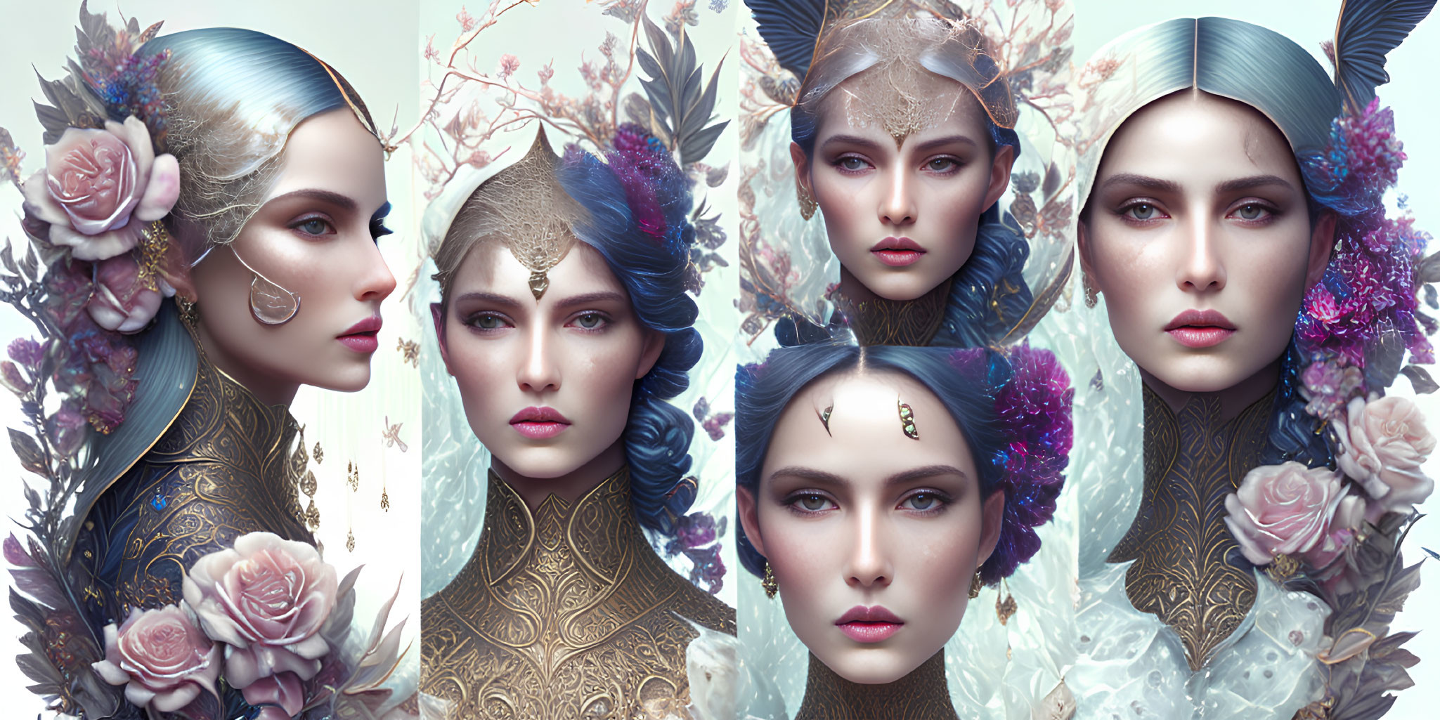 Four fantasy-style female portraits with elaborate floral headpieces in intricate foliage background