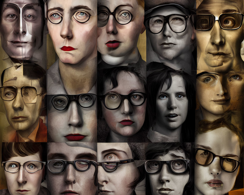 Grid of Stylized Portraits Featuring Faces in Round Glasses