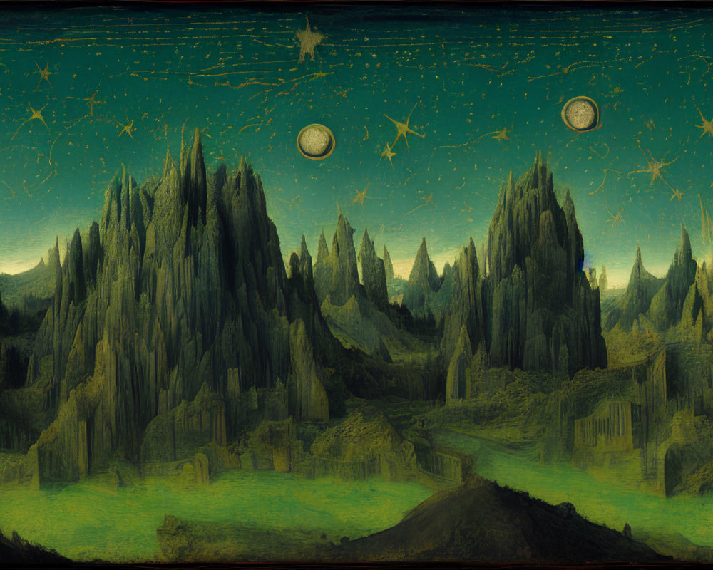 Mystical forest under two moons in starry night sky