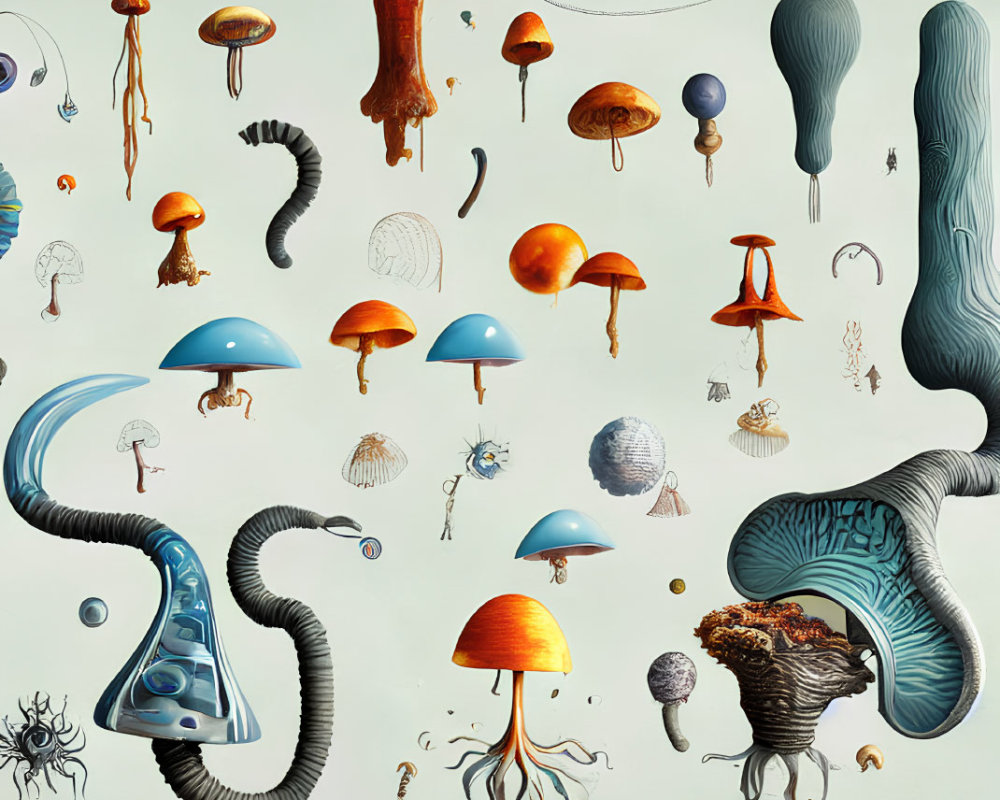 Diverse Stylized Mushrooms and Fantastical Fungi on Pale Background
