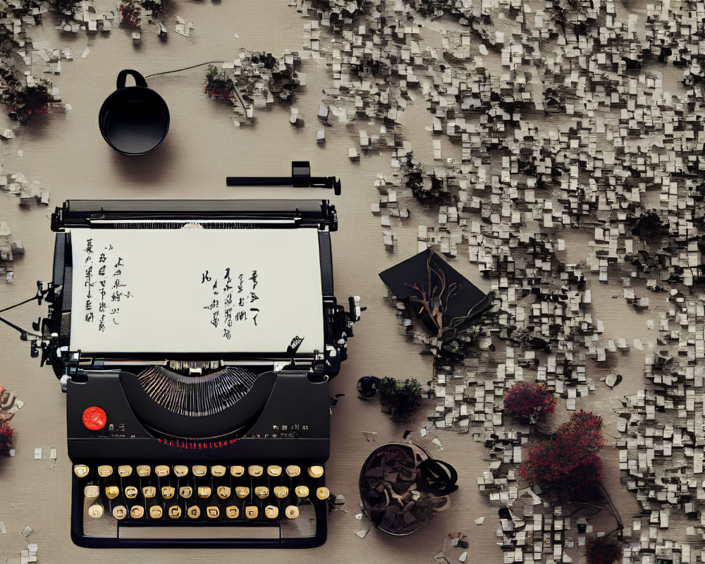 Vintage Typewriter with Asian Characters, Puzzle Pieces, Cup, and Trees on Beige Background
