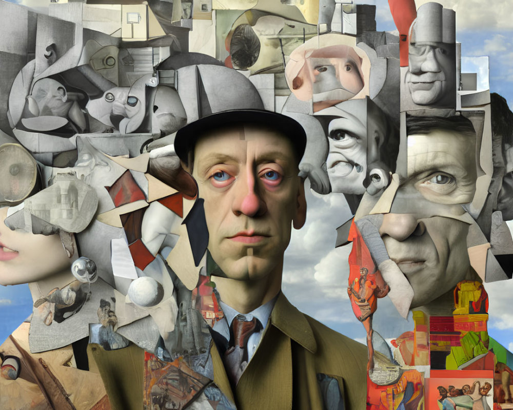 Fragmented Faces and Objects Collage Against Cloudy Sky