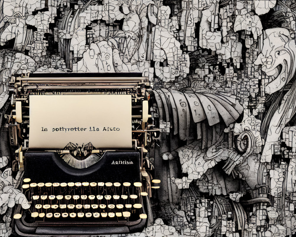 Detailed black and white hand-drawn backdrop with vintage typewriter and mysterious message.