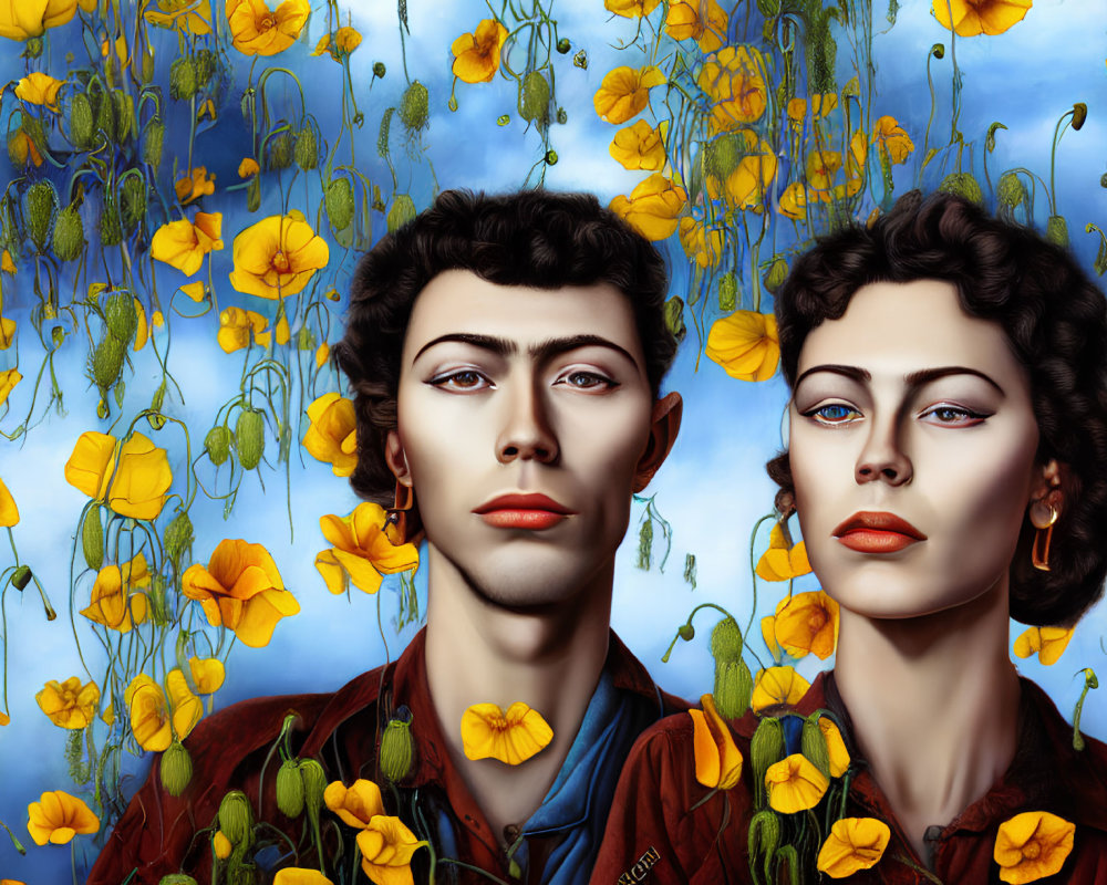 Stylized portraits with intense gazes and vibrant attire against blue sky and yellow flowers.