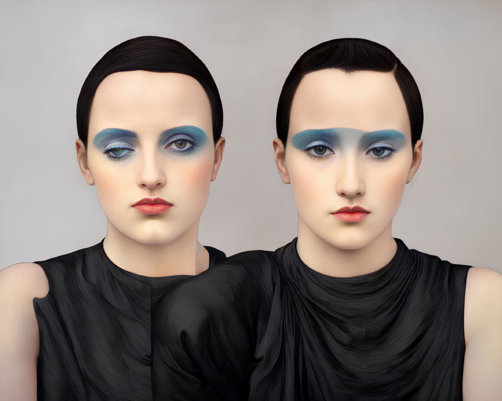 Striking Blue Eyeshadow and Sleek Black Outfits on Two Individuals