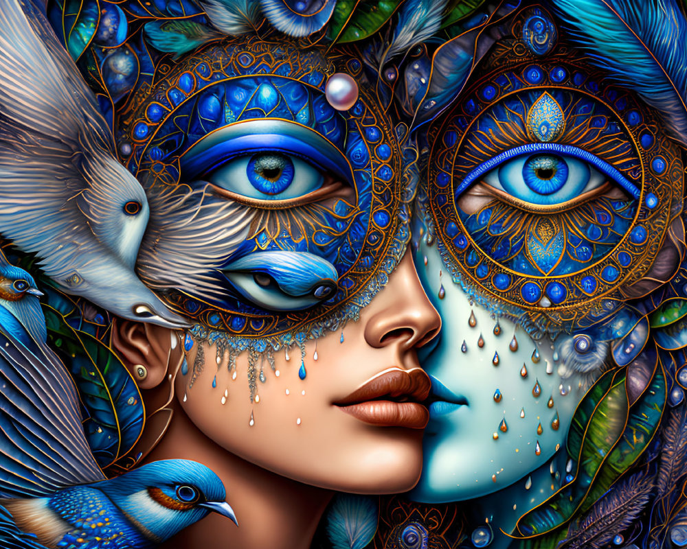 Detailed Woman Portrait with Peacock Masquerade Mask and Blue Birds
