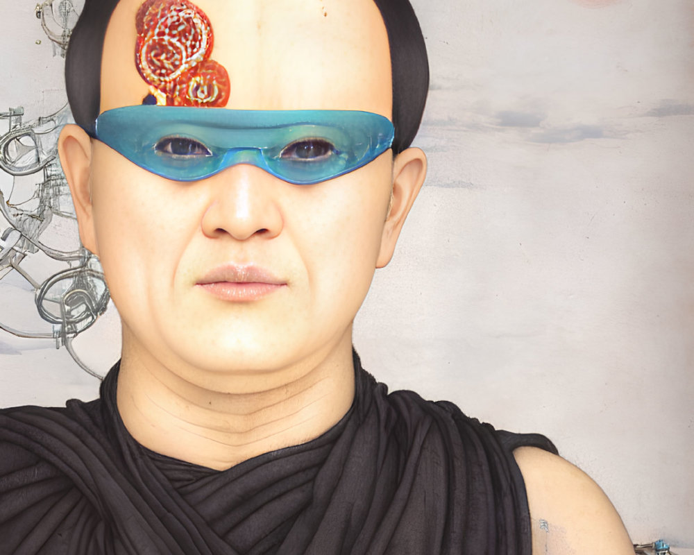 Surreal portrait of person with shaved head in futuristic glasses and open third eye
