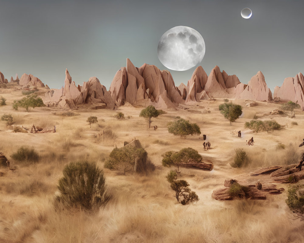 Fantasy desert landscape with moons, rocky spires, grass, and travelers.