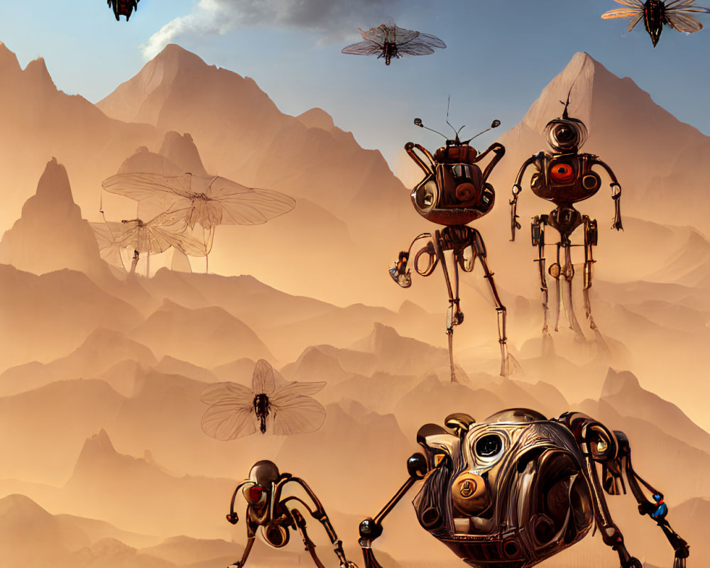 Robotic insects and spider-like robot in desert with mountains & mechanical dragonflies
