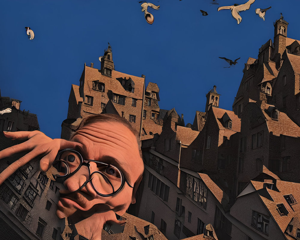 Giant Caricatured Man Among European Buildings and Flying Birds