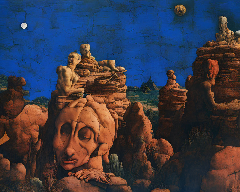 Surreal red rock formations with giant face, small figures, cracked blue sky