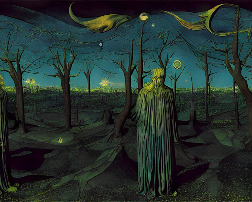 Surreal night landscape with cloaked figures and multiple moons