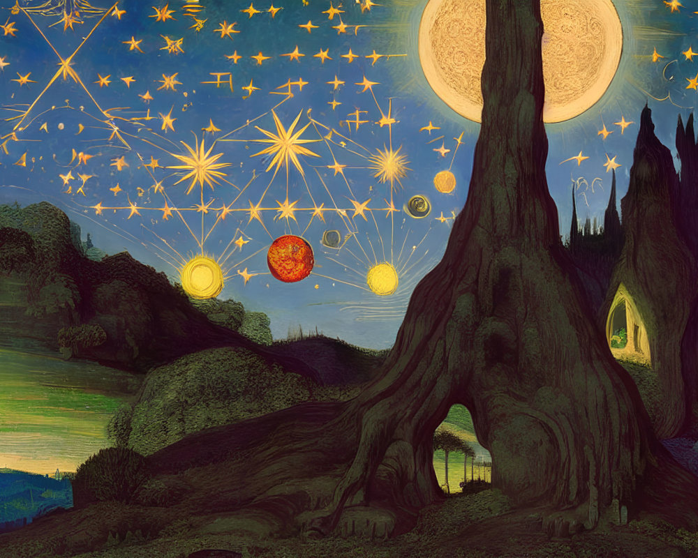 Night Sky Painting with Moon, Stars, Planets, and Tree on Hilltop
