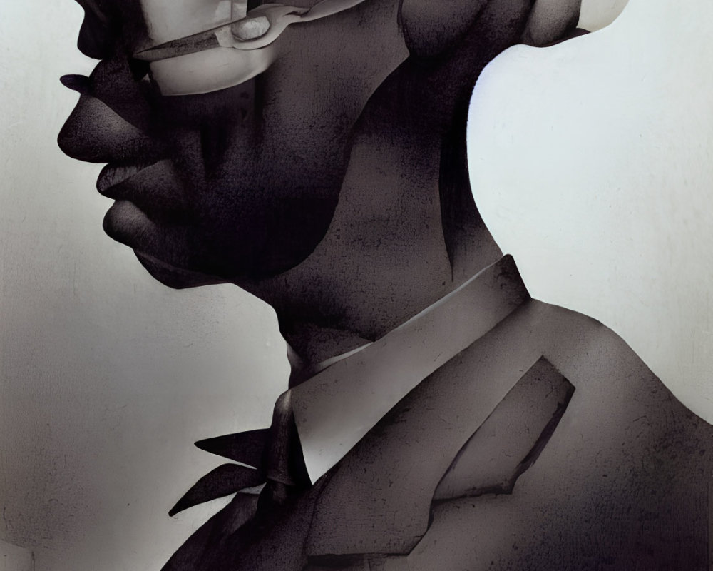 Fragmented human profile in grayscale with sharp collar