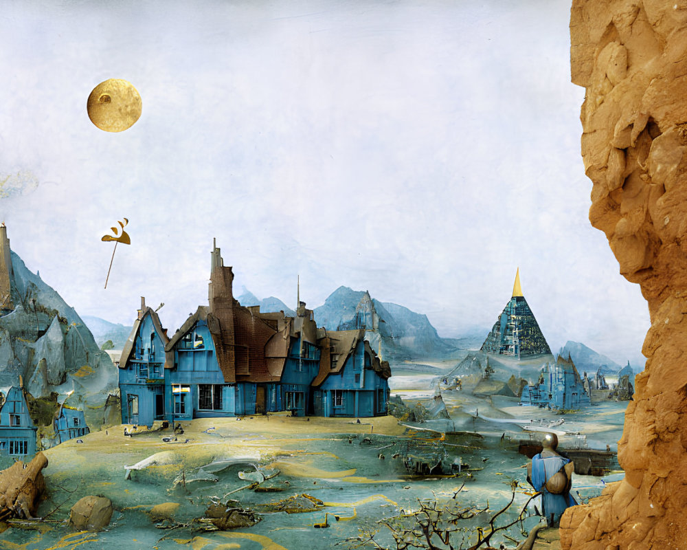 Surreal landscape with blue-roofed houses, barren trees, person, pyramid, bird with
