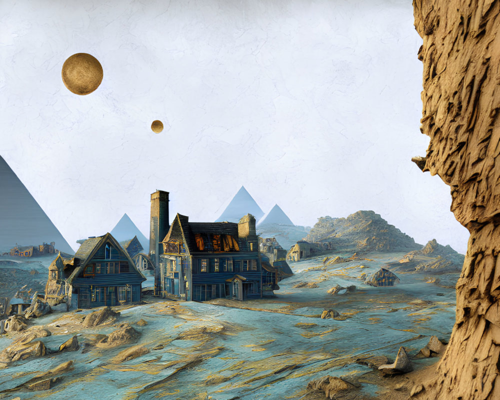Surreal desert landscape with Victorian houses, pyramids, moons, and textured cliff
