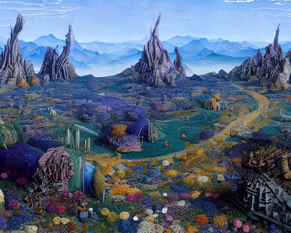 Panoramic fantasy landscape with vibrant flora, whimsical fauna, astronauts, and otherworldly structures