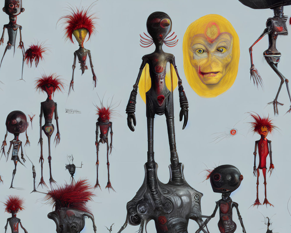 Abstract surrealistic art featuring humanoid creatures and yellow-faced figure on grey backdrop