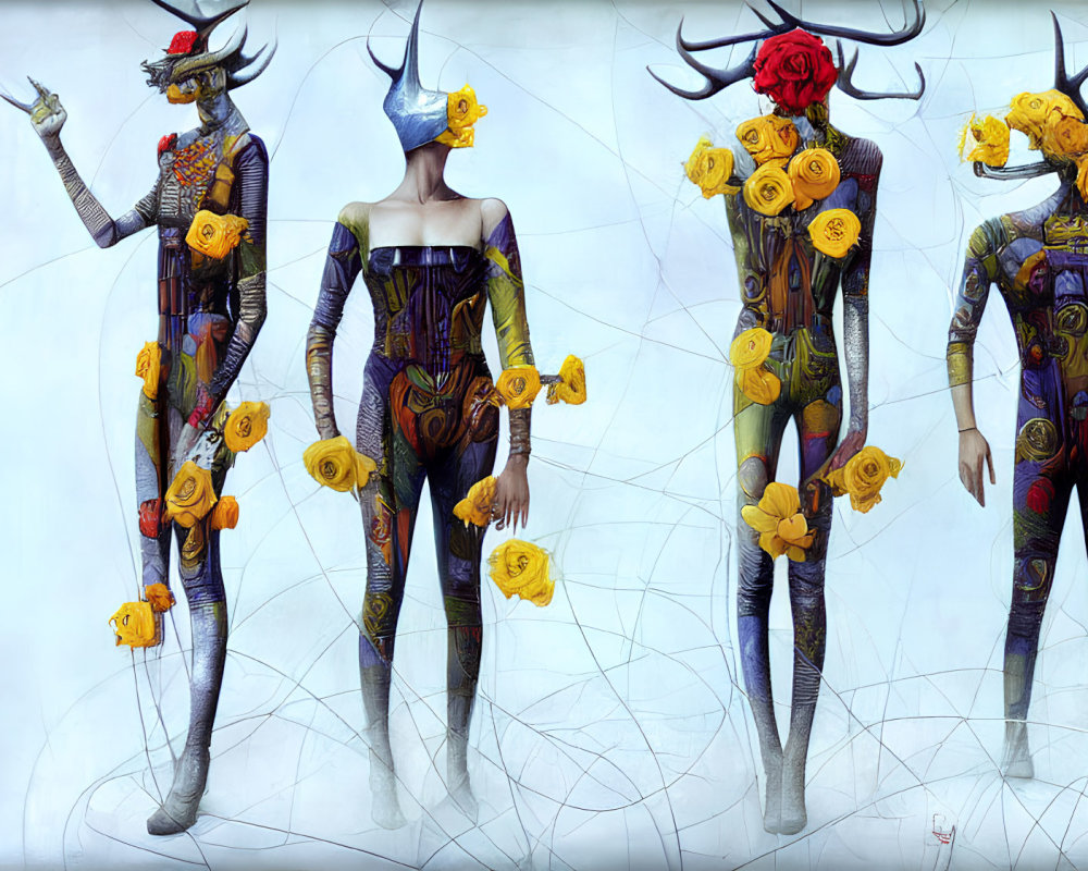 Four humanoid figures with antlers and floral body paint in distinct poses on pale background