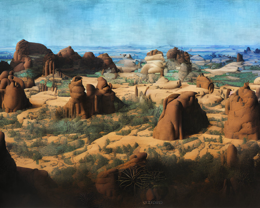 Panoramic desert landscape with rocky formations and clear blue sky