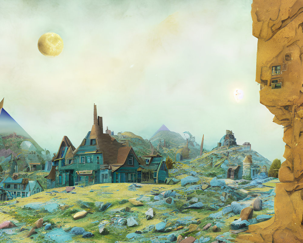 Surreal landscape featuring Victorian house, ruins, pyramids, rocky cliff, and two moons