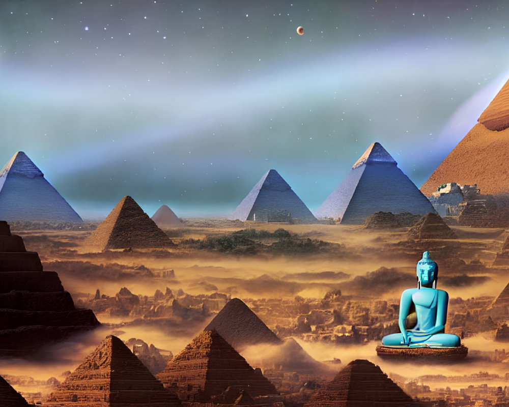 Surreal landscape with pyramids and meditating figure under starry sky