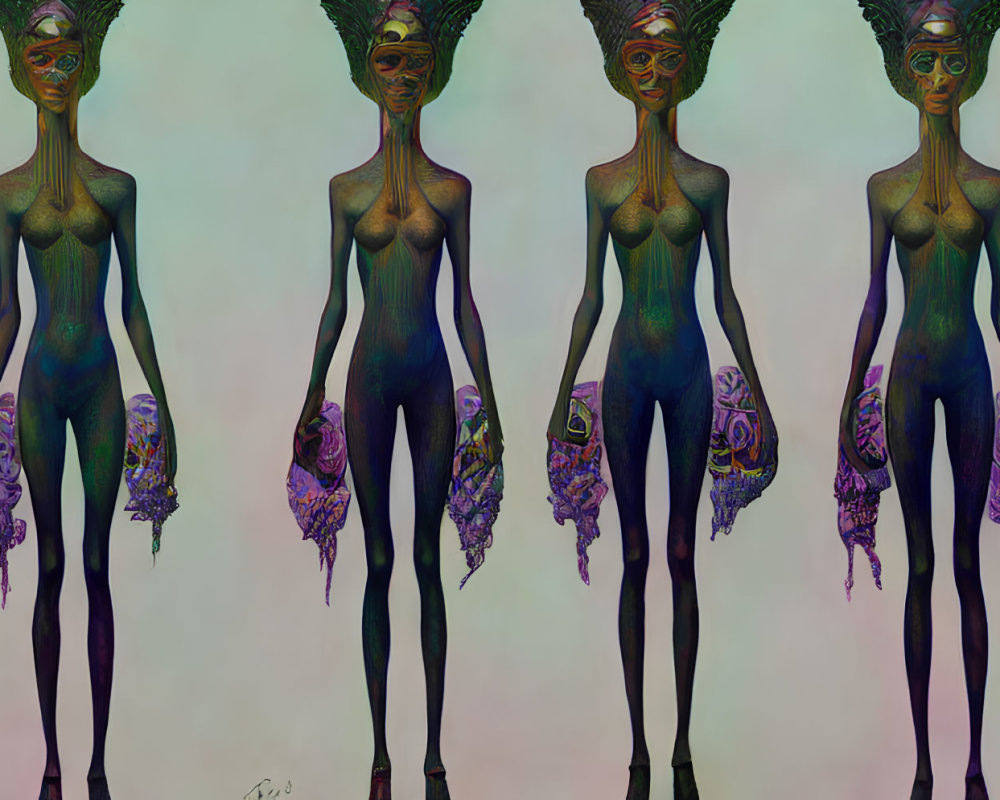 Five elongated figures with patterned skin and headdresses standing on gradient background