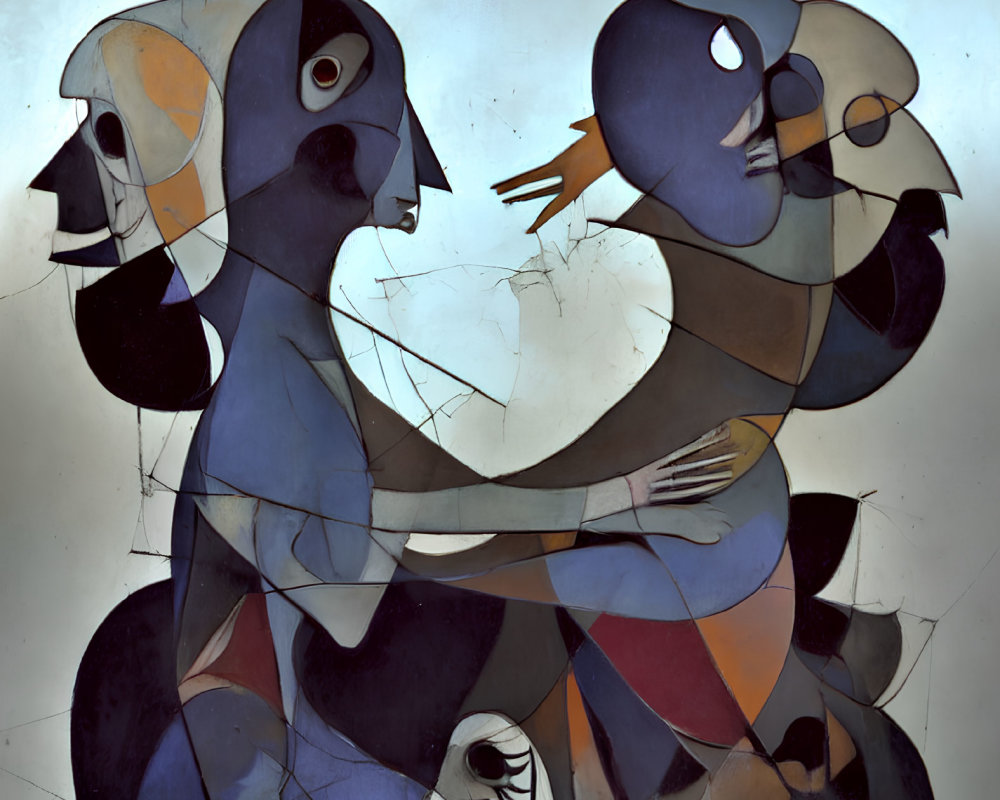 Interlocking Shapes and Figures in Cubist Painting in Blue, Beige, Black, and White