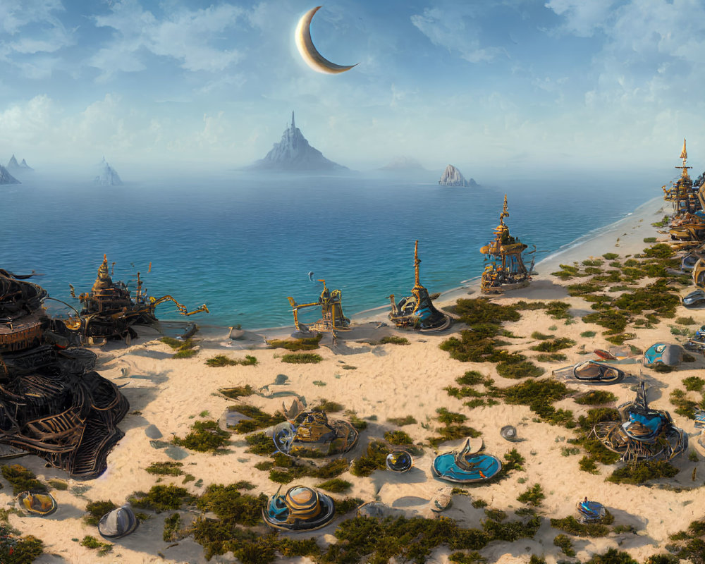 Majestic coastal city with golden domes and statues overlooking serene ocean