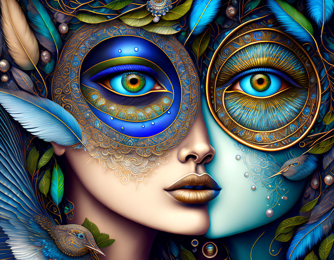 Digital Artwork: Surreal Female Face with Peacock Feather Motifs