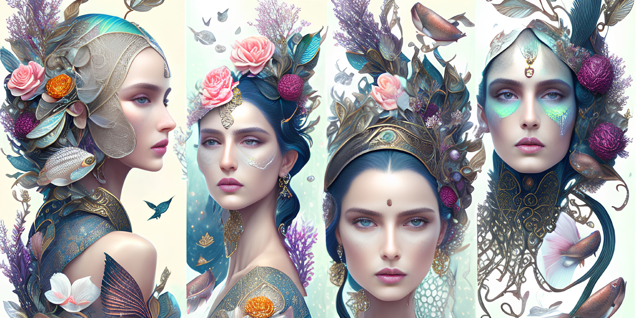 Fantasy headpiece portraits of a woman with flowers and butterflies.