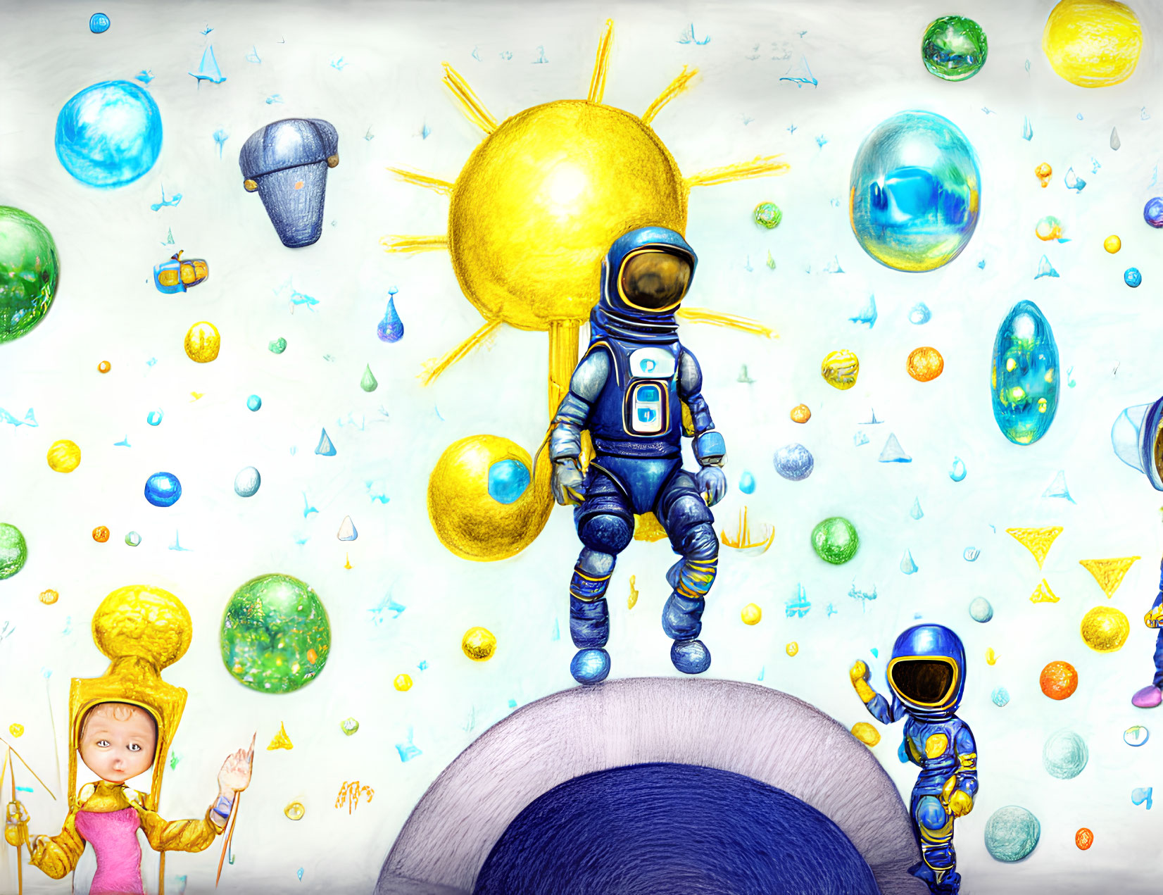 Illustrated space scene with astronauts, sun, celestial bodies, and child with scepter