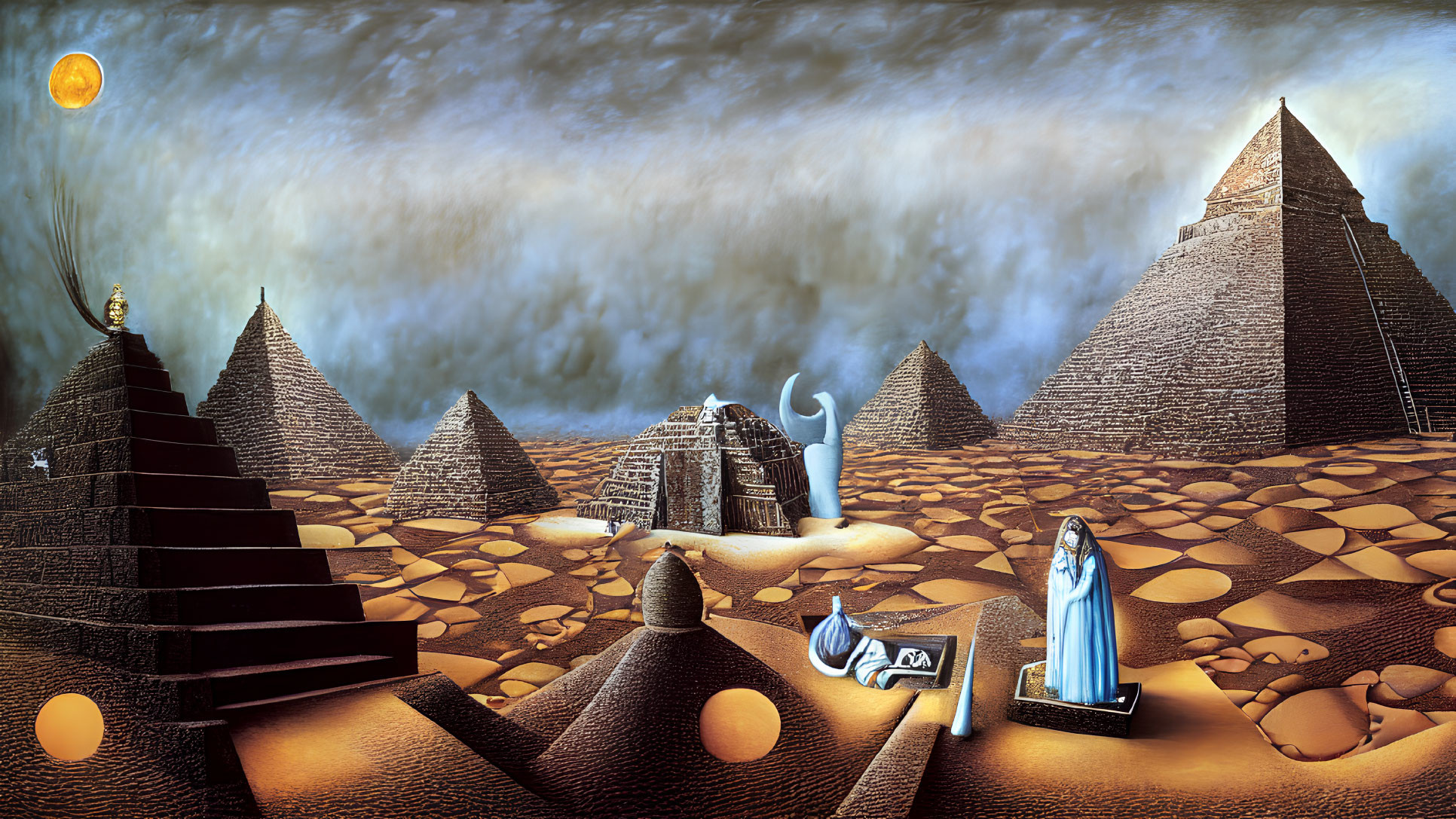 Surreal landscape with pyramids, Egyptian sphinx, and artifacts under an orange sun
