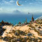 Majestic coastal city with golden domes and statues overlooking serene ocean