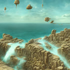 Surreal landscape with coral formations, moons, and ocean views