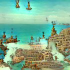 Surreal landscape featuring mechanical tentacles, floating orbs, vintage diver, and futuristic vessels