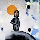 Surrealist artwork with sun, cloud eyes, human figures, and child sketch