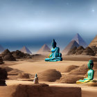 Futuristic landscape with pyramids, green Sphinx, and hovering structure
