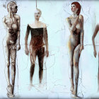Four humanoid figures with antlers and floral body paint in distinct poses on pale background
