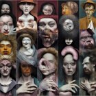 Grid of 12 Surreal Stylized Portraits with Distorted Features